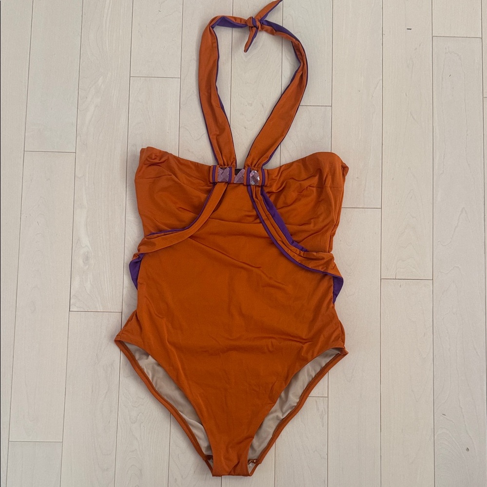 La Perla Burned Orange and Purple One Piece Swimsuit. Boning on the chest.